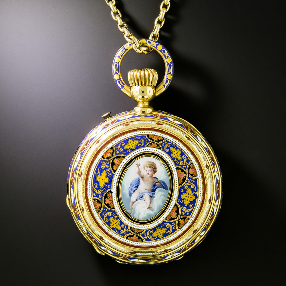 18K Antique Cherubic Enamel Pendant Watch - 6