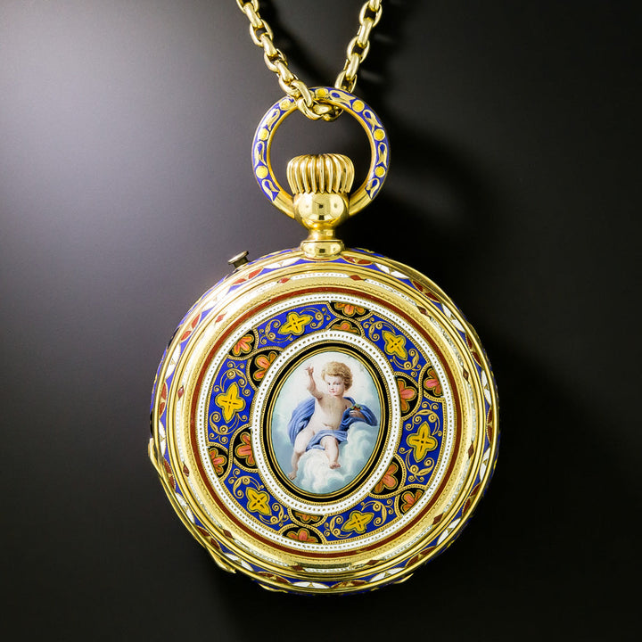 18K Antique Cherubic Enamel Pendant Watch