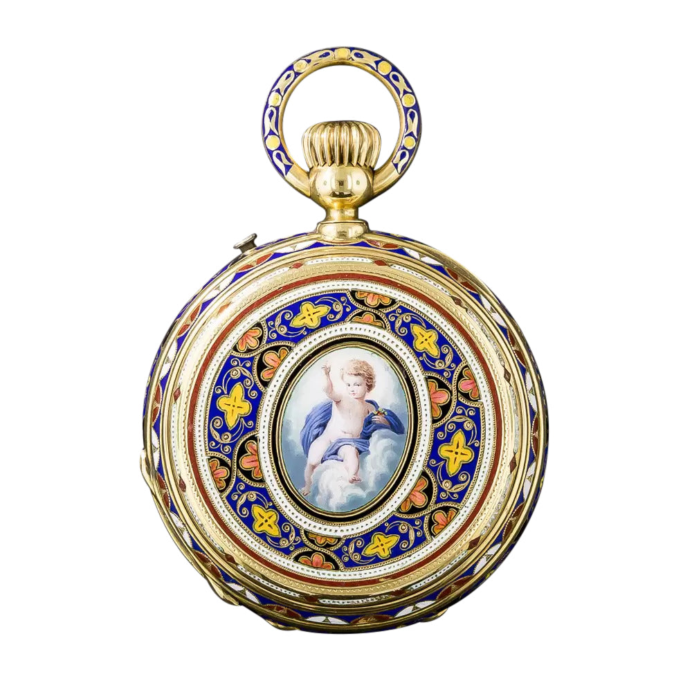 18K Antique Cherubic Enamel Pendant Watch - 11