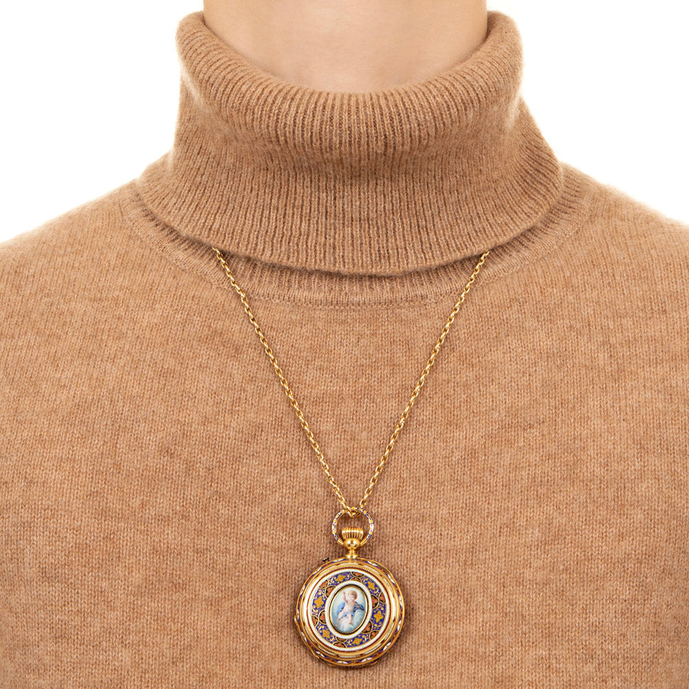 18K Antique Cherubic Enamel Pendant Watch - 12