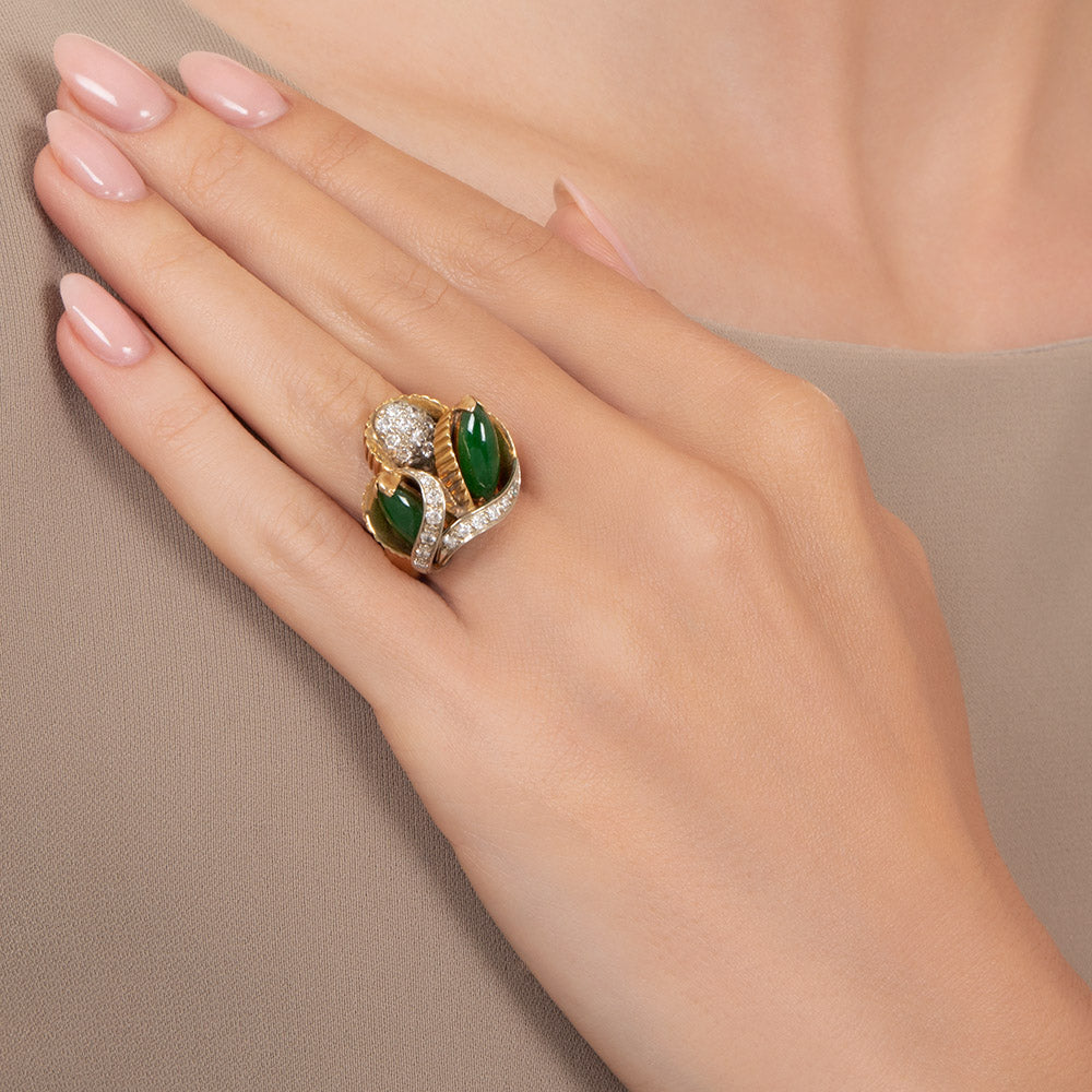 1960s Natural Burmese Jade and Diamond Cocktail Ring - 8