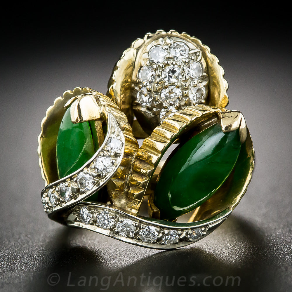 1960s Natural Burmese Jade and Diamond Cocktail Ring - 2