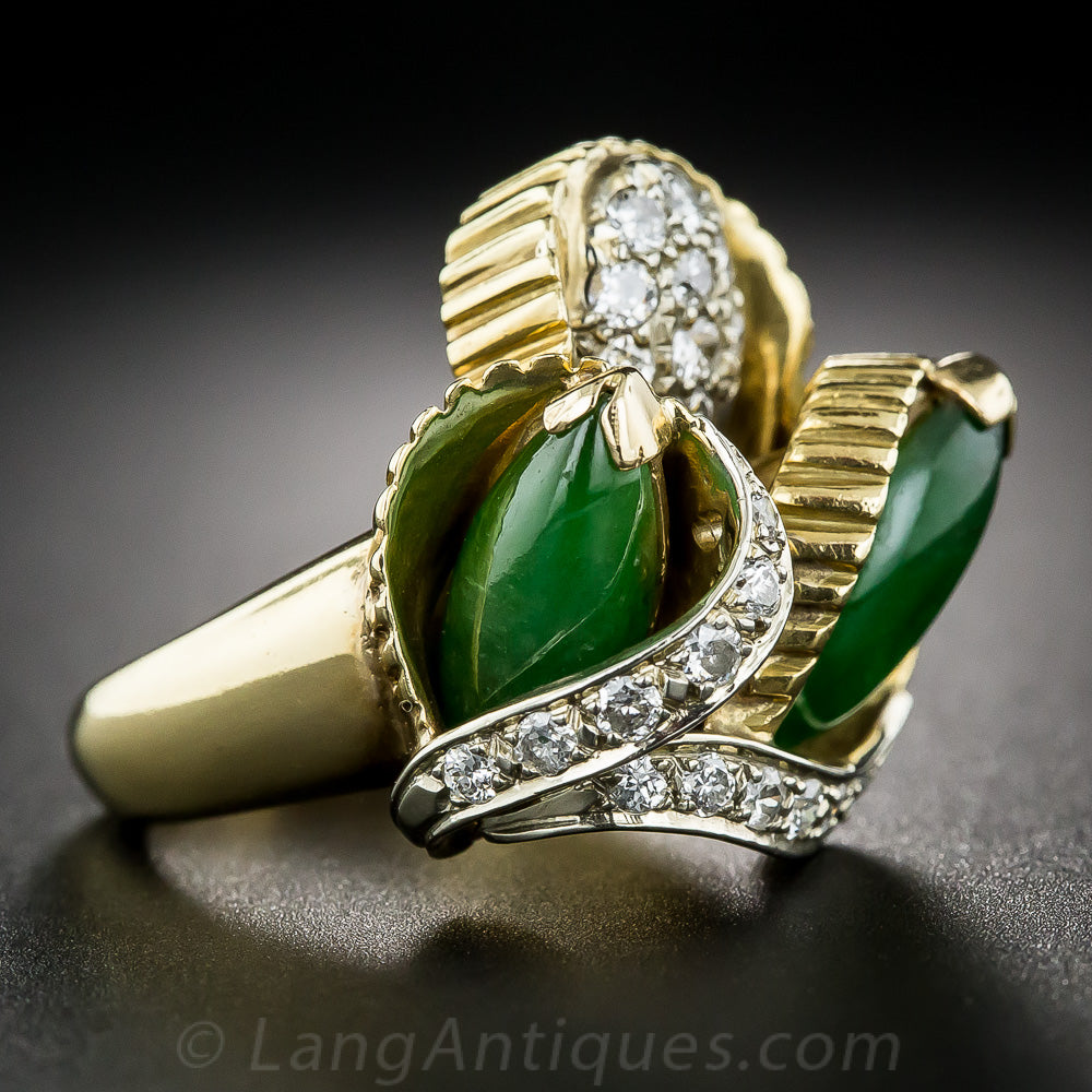 1960s Natural Burmese Jade and Diamond Cocktail Ring - 4