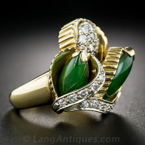 1960s Natural Burmese Jade and Diamond Cocktail Ring - 4