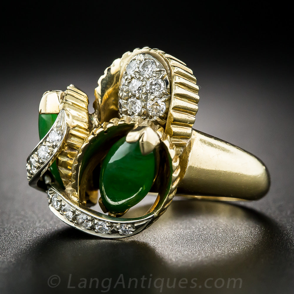 1960s Natural Burmese Jade and Diamond Cocktail Ring - 7