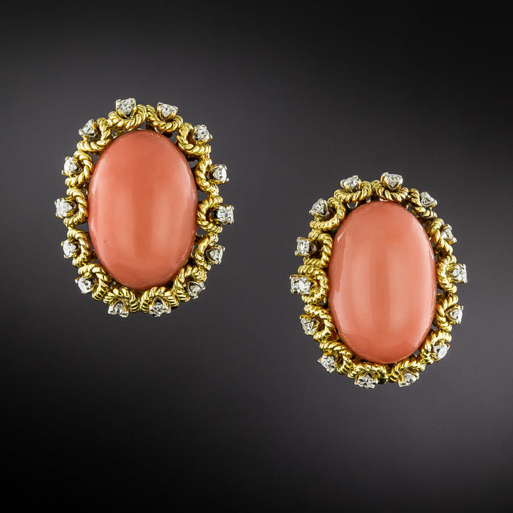 1970s  Coral and Diamond Earrings by Trio
