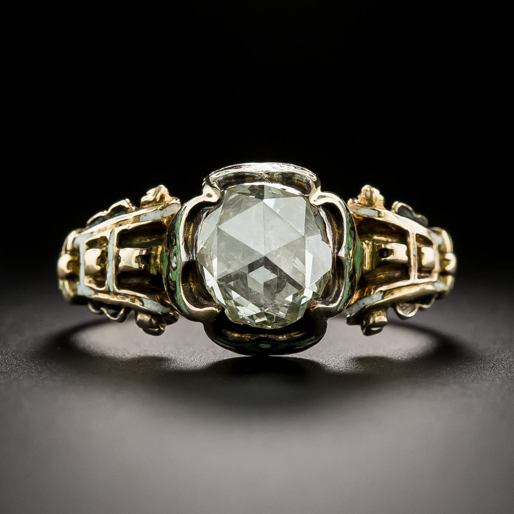 19th Century Renaissance Revival Rose-Cut Diamond and Enamel Ring, Size 8 - 3