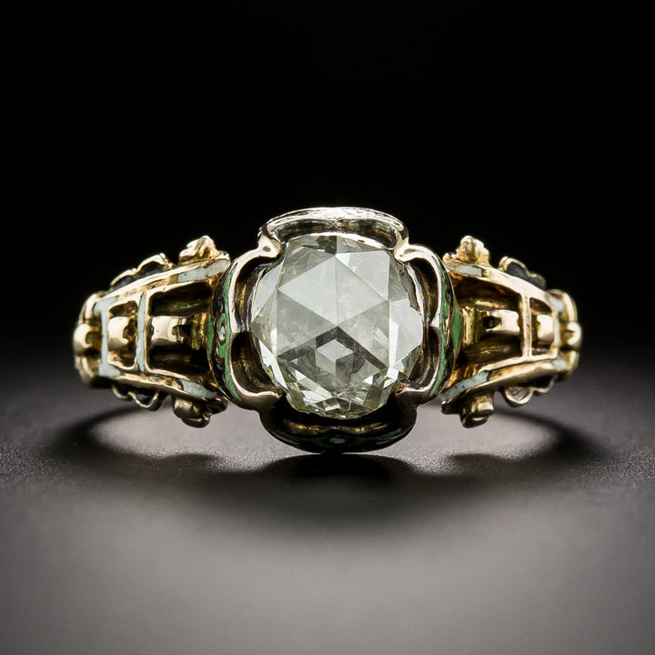 19th Century Renaissance Revival Rose-Cut Diamond and Enamel Ring, Size 8
