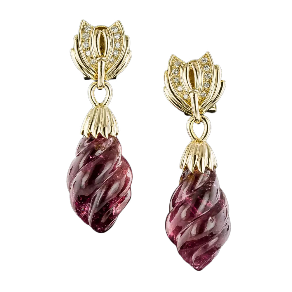 Carved Pink Tourmaline and Diamond Drop Earrings