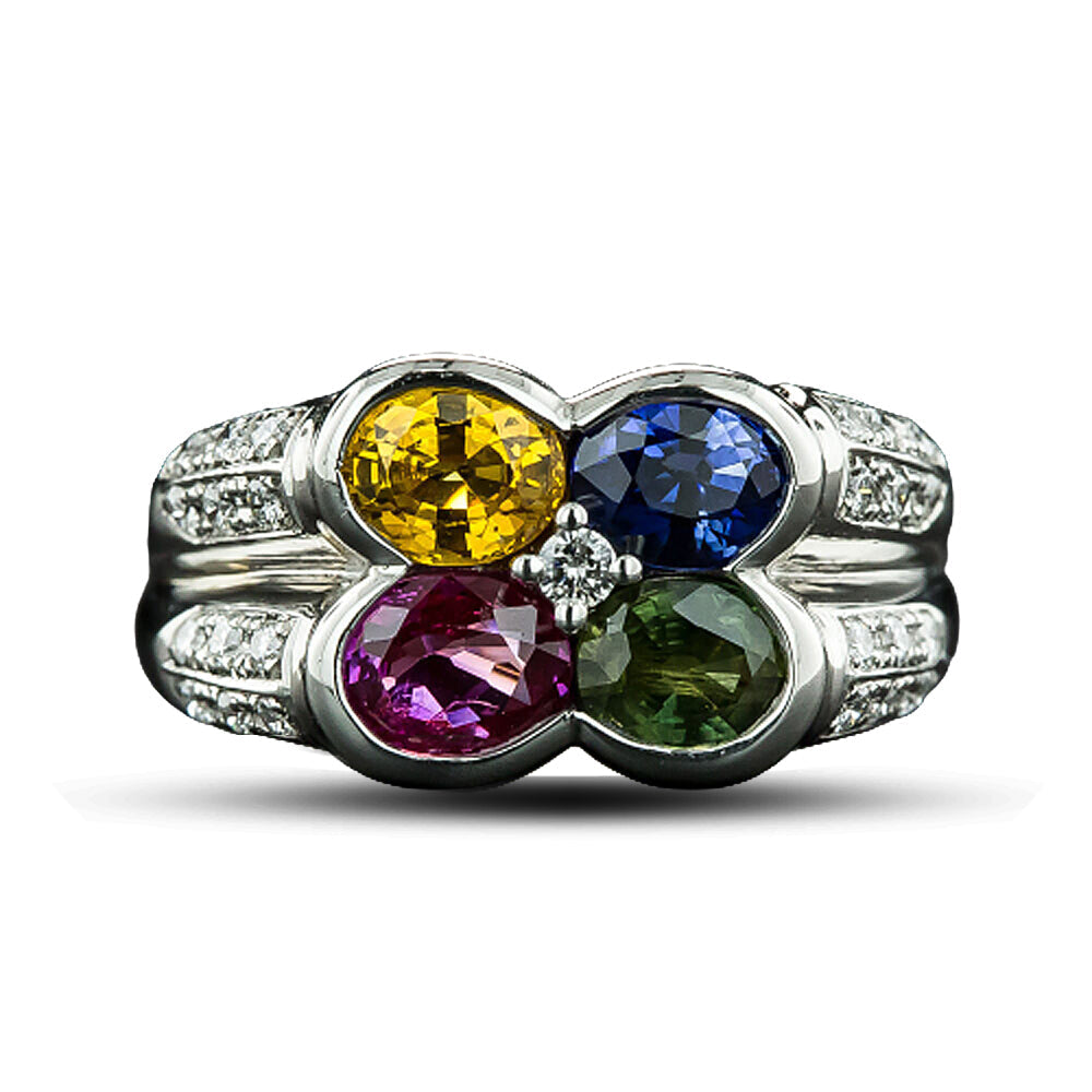 Four Color Sapphire and Diamond Ring