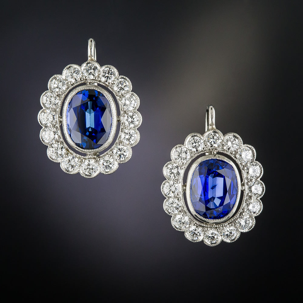 Estate 5.32 Carats Sapphire Platinum Diamond Earrings - 2