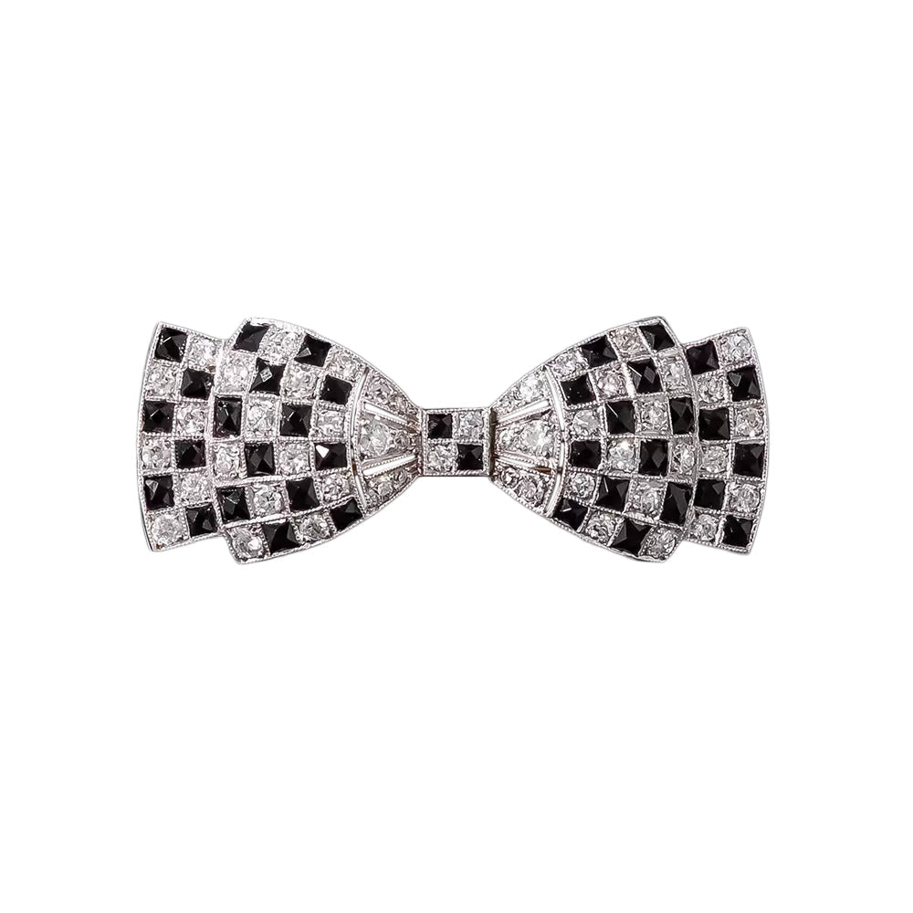 Art Deco Diamond and Onyx Bow Pin