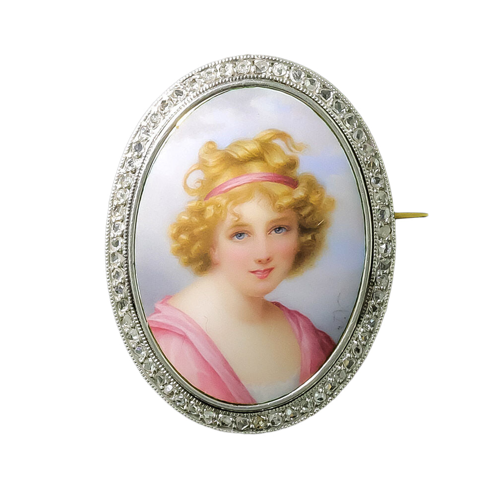 Antique Swiss Enamel Portrait and Diamond Brooch by Golay Fils & Stahl