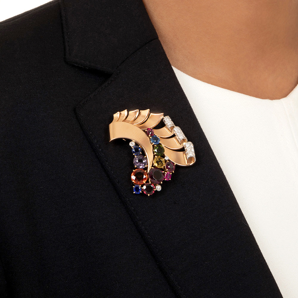 Retro Multi-Gem and Diamond Brooch, French