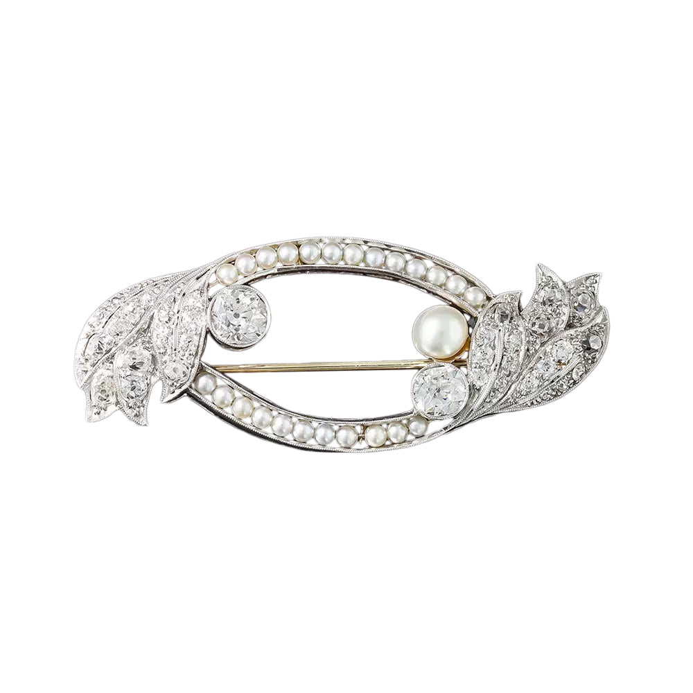 Edwardian Twin-Diamond and Natural Pearl Brooch