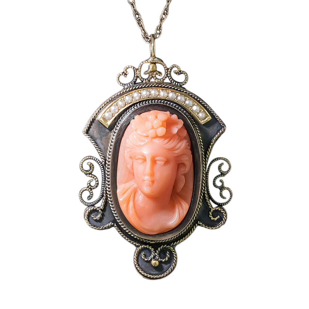 Victorian Coral Cameo and Seed Pearl Pendant