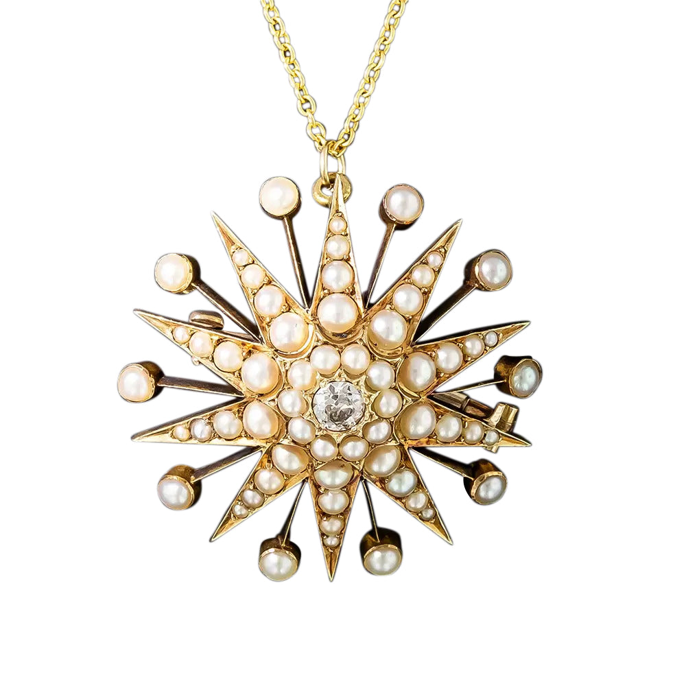 Victorian Starburst Pearl and Diamond Pendant/Brooch