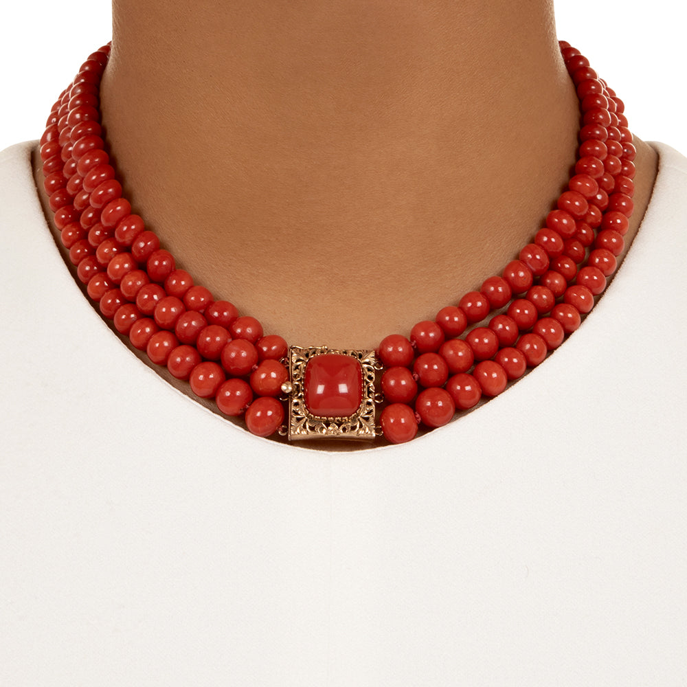 Victorian Revival Triple Strand Red Coral Bead Necklace