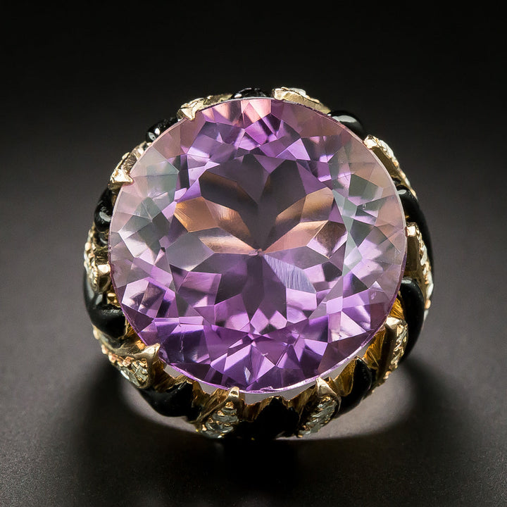 Amethyst, Diamond and Enamel Cocktail Ring, Size 6 3/4