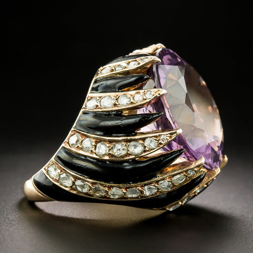 Amethyst, Diamond and Enamel Cocktail Ring, Size 6 3/4 - 4