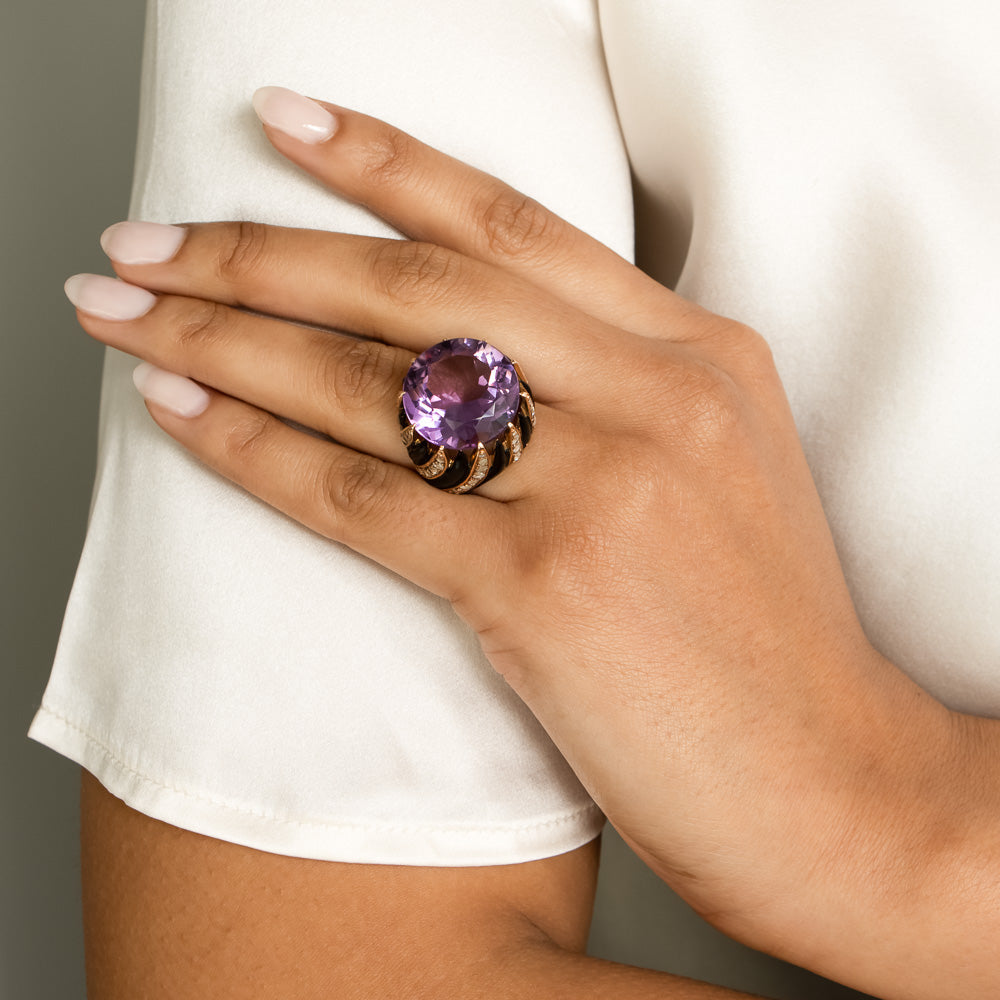 Amethyst, Diamond and Enamel Cocktail Ring, Size 6 3/4 - 6