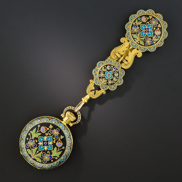 Antique 18K Cloisonné Enamel Pocket Watch and Chatelaine by Braverman & Levy of San Francisco