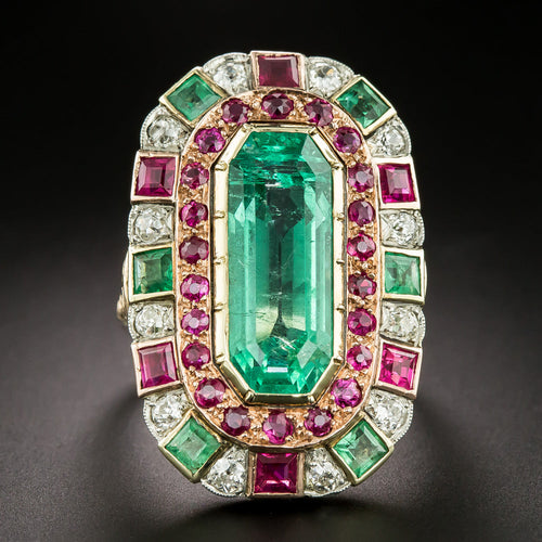 Antique 7.25 Carat Emerald, Ruby and Diamond Ring - GIA - 3