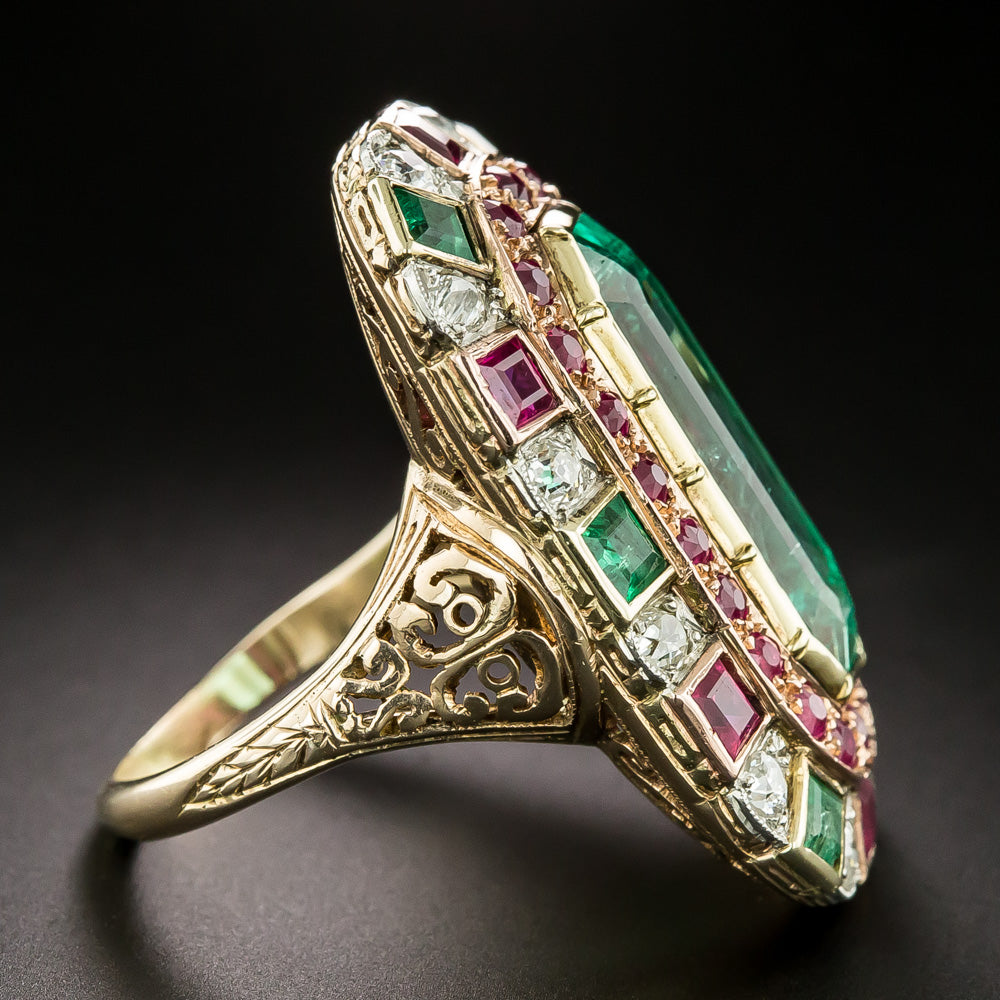 Antique 7.25 Carat Emerald, Ruby and Diamond Ring - GIA - 4