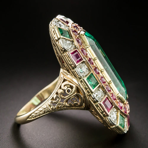 Antique 7.25 Carat Emerald, Ruby and Diamond Ring - GIA - 4