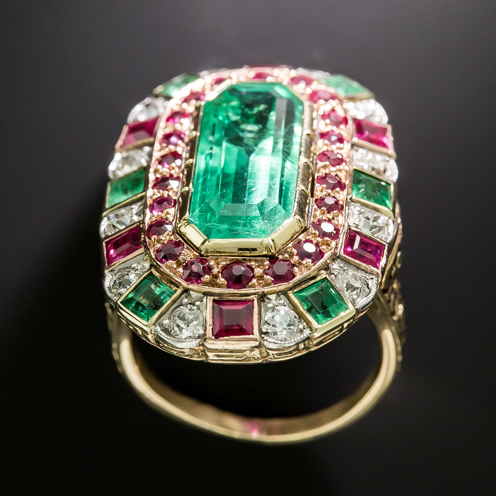 Antique 7.25 Carat Emerald, Ruby and Diamond Ring - GIA - 5