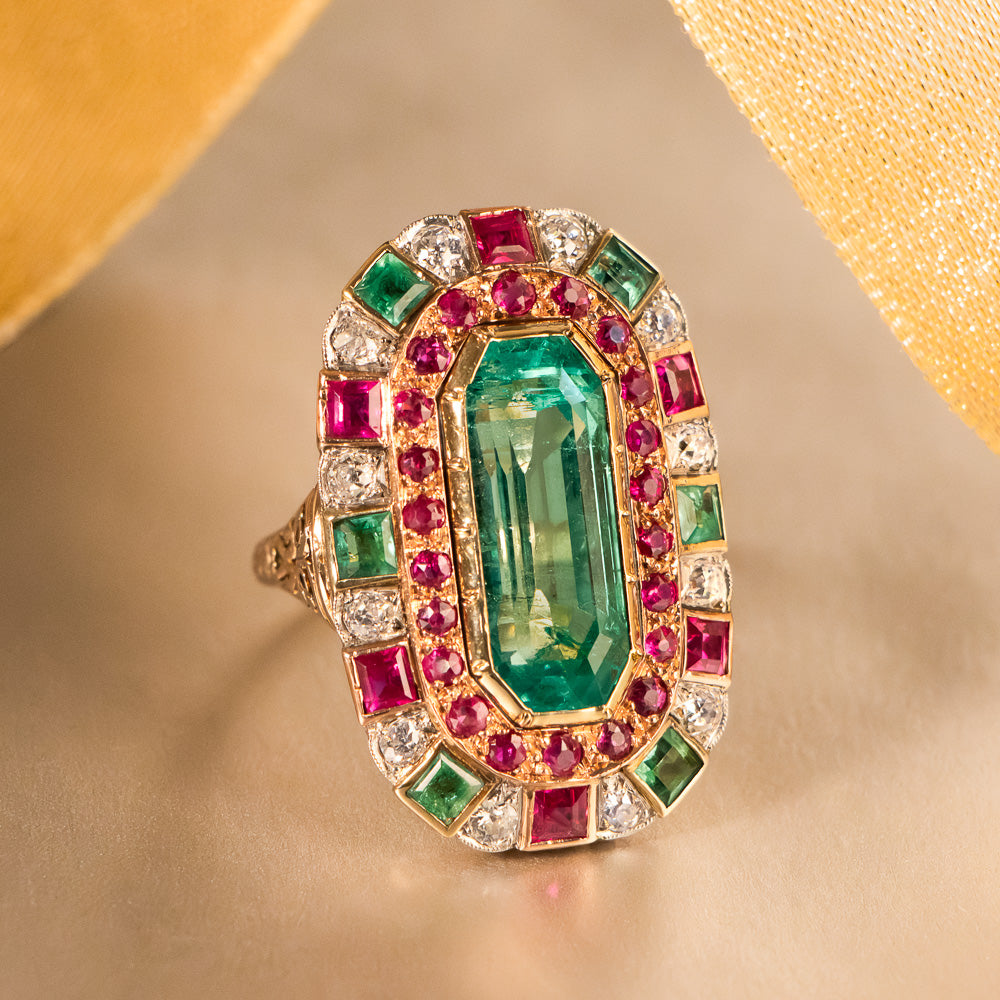 Antique 7.25 Carat Emerald, Ruby and Diamond Ring - GIA - 7