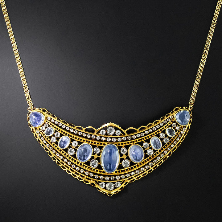 Antique Cabochon No-Heat Sapphire and Diamond Necklace, Circa 1900