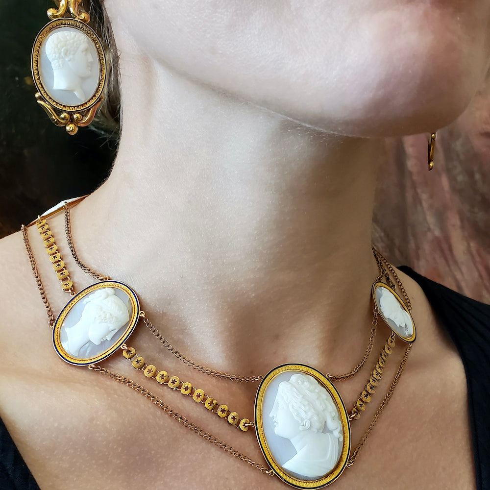 Antique Cameo Necklace and Earrings Set - 15