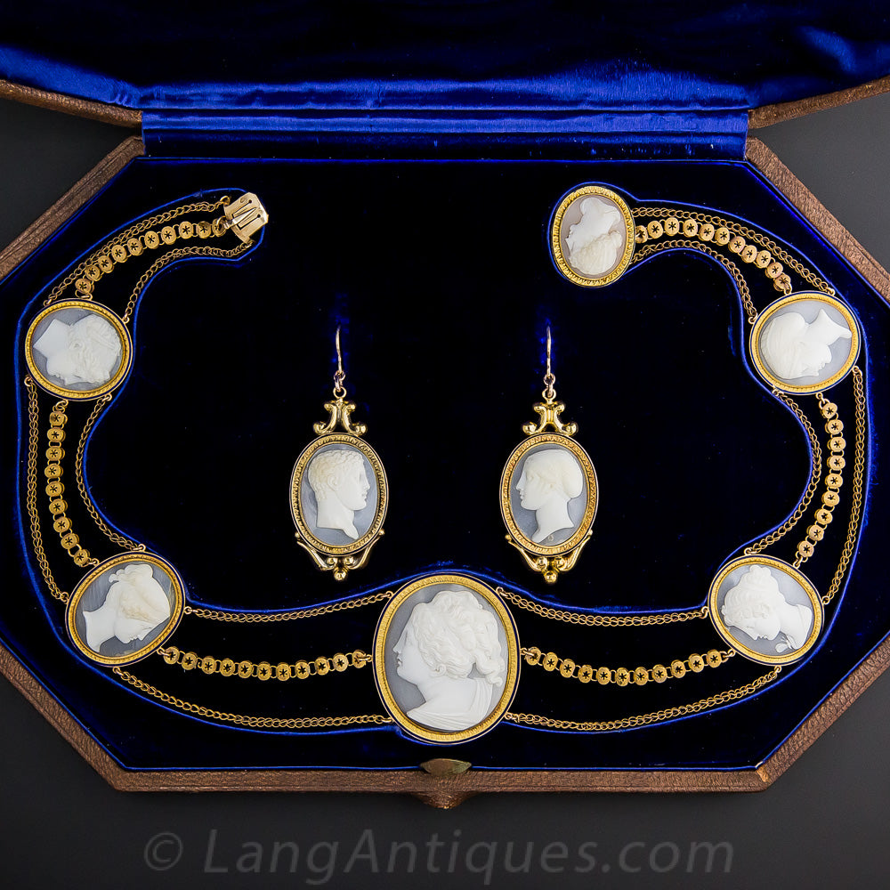 Antique Cameo Necklace and Earrings Set - 2