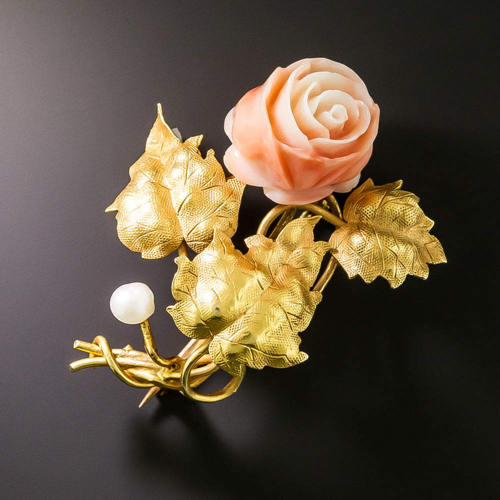 Antique Carved Coral and Pearl Rose Brooch - 6