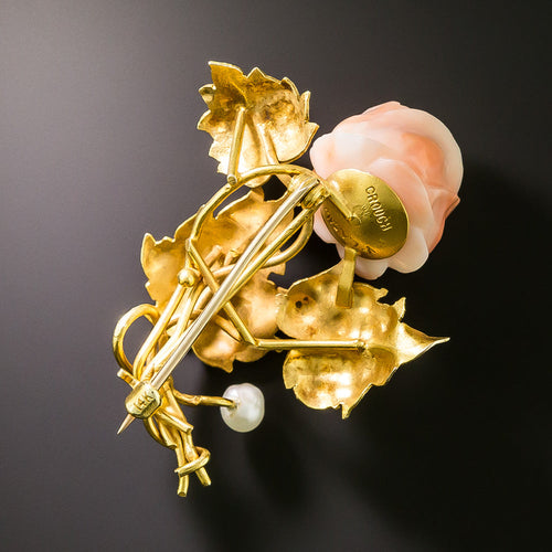 Antique Carved Coral and Pearl Rose Brooch - 7