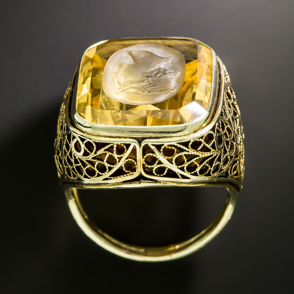 Antique Citrine Hermes Intaglio Filigree Ring - 5
