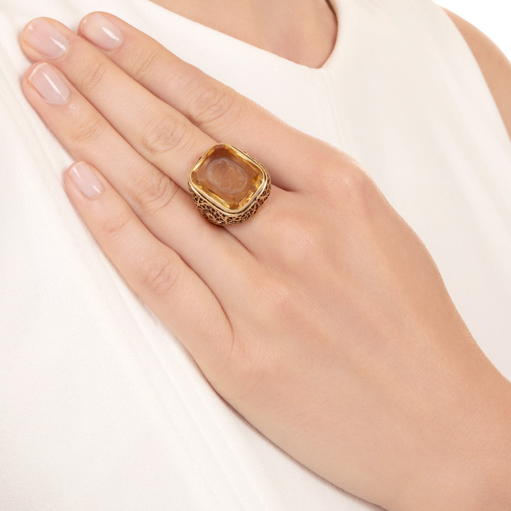 Antique Citrine Hermes Intaglio Filigree Ring - 6