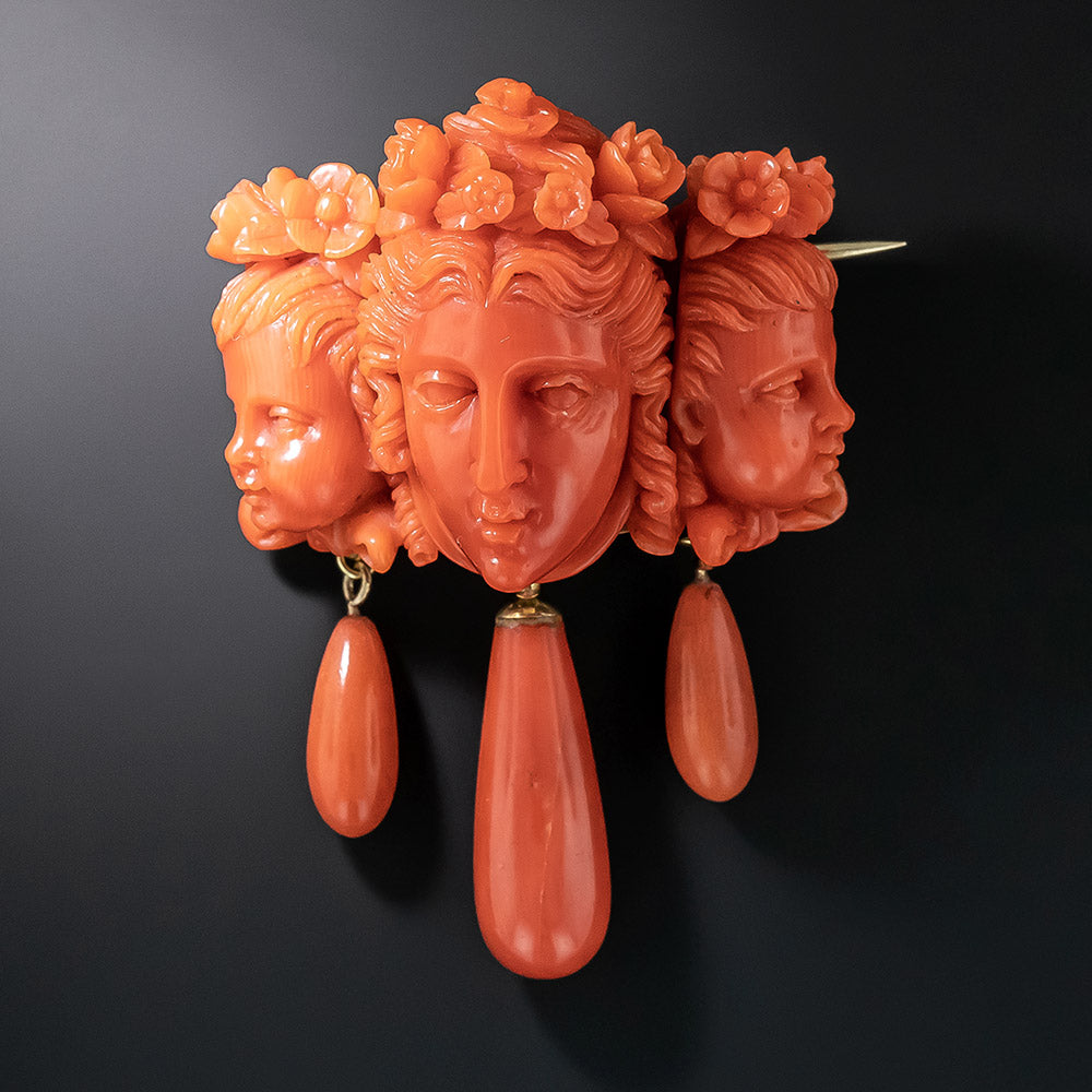 Antique Coral Cameo Family Portrait Brooch - 2