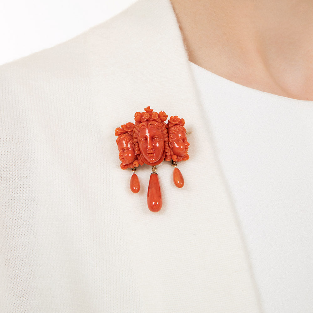 Antique Coral Cameo Family Portrait Brooch - 4
