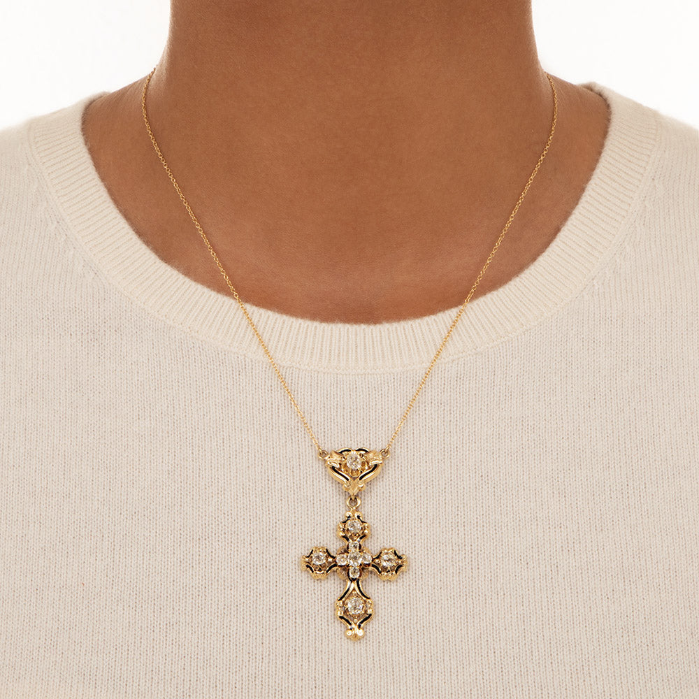 Antique Diamond and Black Enamel Cross Pendant - 3