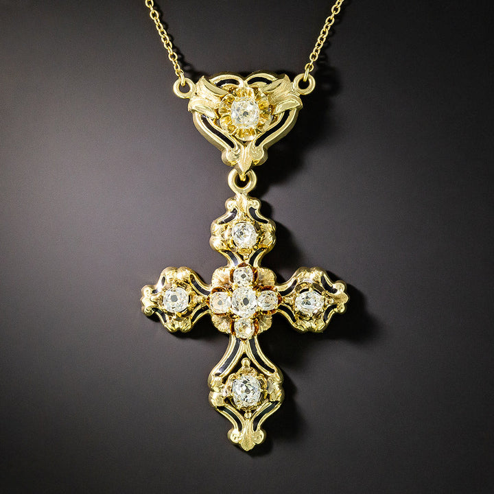 Antique Diamond and Black Enamel Cross Pendant