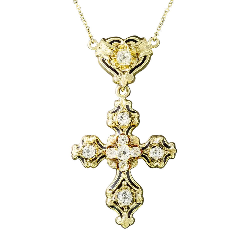 Antique Diamond and Black Enamel Cross Pendant - 3