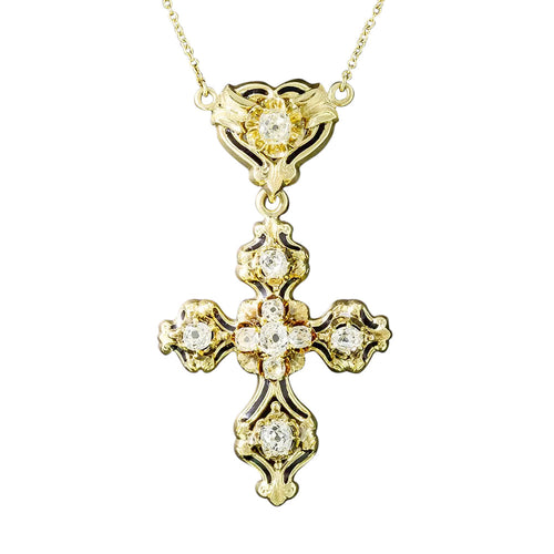 Antique Diamond and Black Enamel Cross Pendant - 3