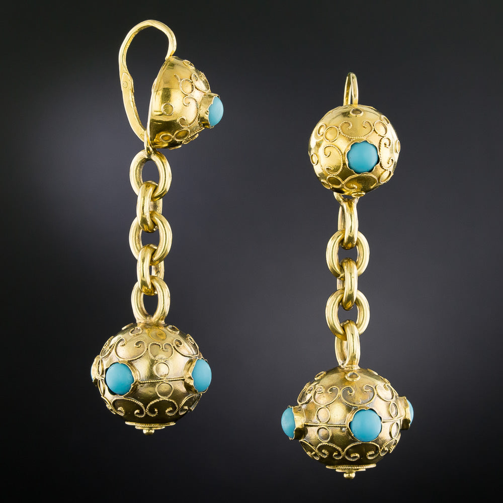 Antique Etruscan Revival Turquoise-Colored Glass Dangle Earrings, French - 3