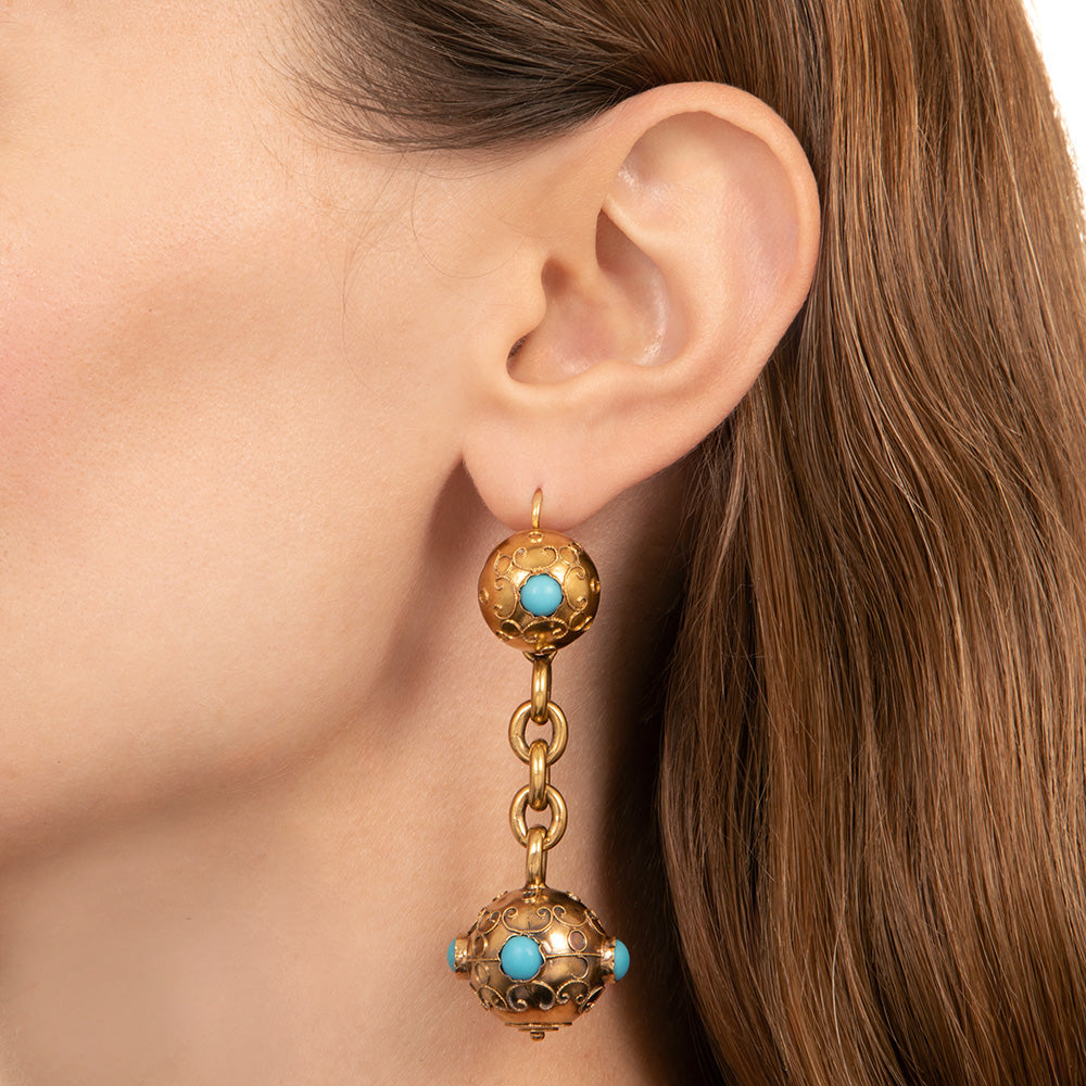Antique Etruscan Revival Turquoise-Colored Glass Dangle Earrings, French - 4