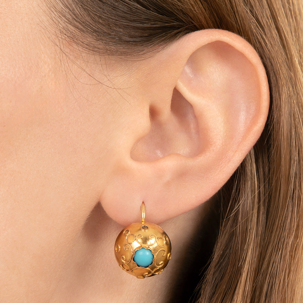 Antique Etruscan Revival Turquoise-Colored Glass Dangle Earrings, French - 5