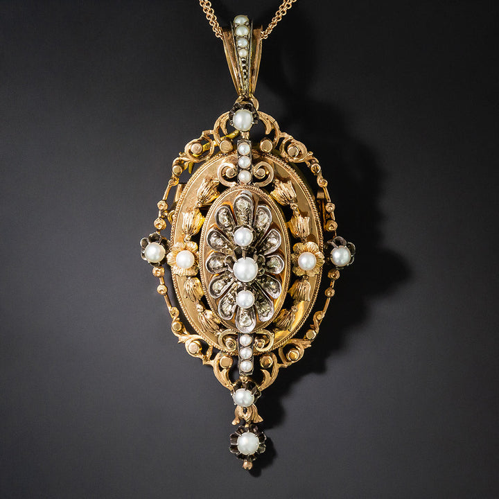 Antique French 18K Pearl and Diamond Pendant/Brooch