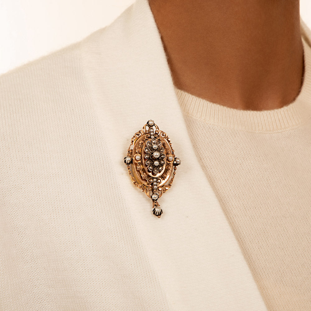 Antique French 18K Pearl and Diamond Pendant/Brooch - 6