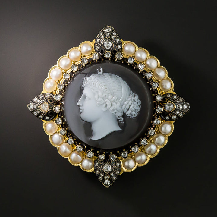 Antique Goddess Selene Diamond and Natural Pearl Cameo Brooch, French